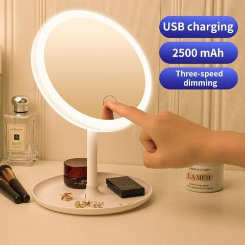 LED Makeup Mirror Three Color Light Adjustable Touch Dimmer USB Charging 5 Times Magnifying Glass With Storage Rotatable Mirror