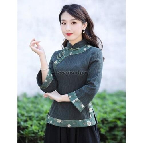 2021 traditional chinese women tang suit retro daily cheongsam qipao cotton linen chiffon blouse floral print qipao linen shirt