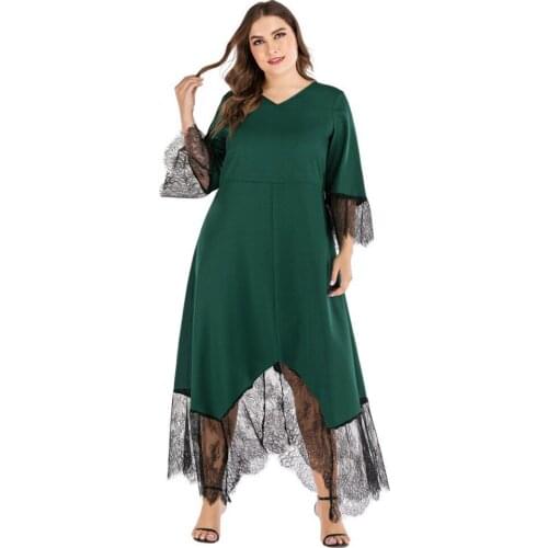 Turkey Muslim Women Long Dress Arab Abaya Islam Clothing Ramadan V-neck Middle East Spring Summer Lace Patchwork Gown Plus Size