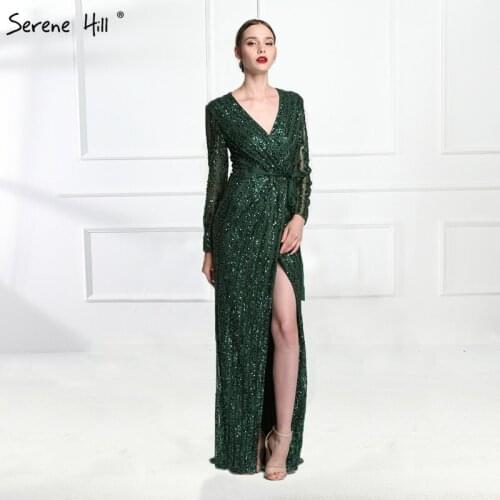 Fashion V-Neck Sleeping Style Grey Green Evening Dresses 2020 Beading Diamond Long Sleeves Evening Party DLA6004