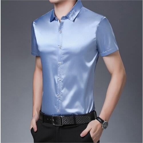 High Quality Summer Mens Silk Shirts Pure Color Male Casual Satin Dress Short Sleeve Soft Clothes