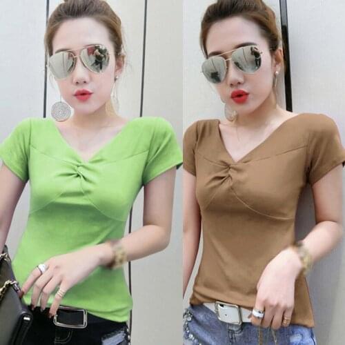 Women V-neck Sexy Tight Top Tee Slim Fit Summer Short-sleeved Solid Color Bottoming T-shirt