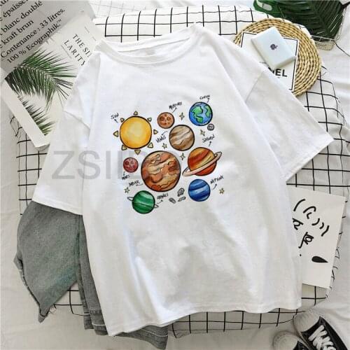 Harajuku Personality Universe Planet Women Clothing Ulzzang Casual Loose Astronomy Print Summer INS Vintage Tops Female T-Shirt