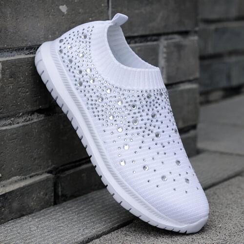 Vulcanized Shoes Sneakers Women Trainers Knitted Sneakers Ladies Slip-on Sock Shoes Sparkly Crystal Zapatillas Mujer Casual