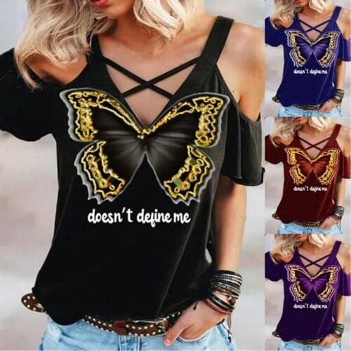 Womens Summer Butterfly T Shirt Harajuku Fashion Casual Sexy Flower Bare Shoulders Plus Size V Neck Short Sleeve Tops