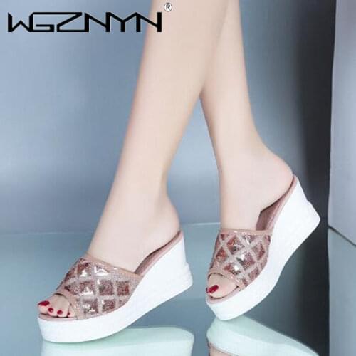 NEW Summer Women Sequined Cloth Slippers Bling Wedges Platform Beach Casual Slides Woman Shoes Ladies Slippers Footwear 2021