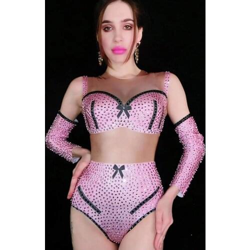 Women Pole Dance Clothing Sexy Nightclub Rhinestone Jumpsuit Pink Stage Outfit Singer Dancer Celebration Rave Show Wear DNV14233
