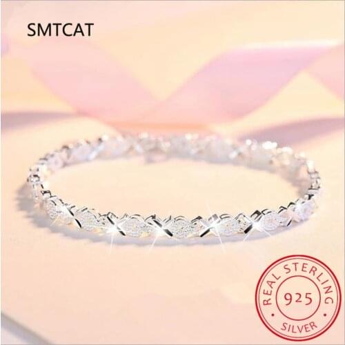 SMTCAT 925 Sterling Silver Fashion Zircon Bracelet Chain For Women Geometric Bangle Jewelry Wedding Gift