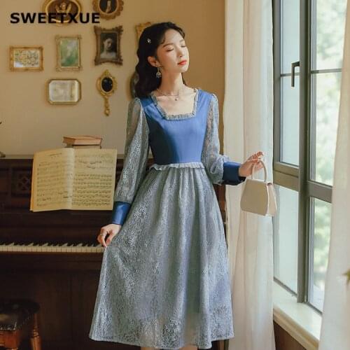 SWEETXUE Ladies Lace Patchwork Vintage Dress Spring Hollow Long Sleeve Fashion High Waist Casual Temperament Womens Chic Dress