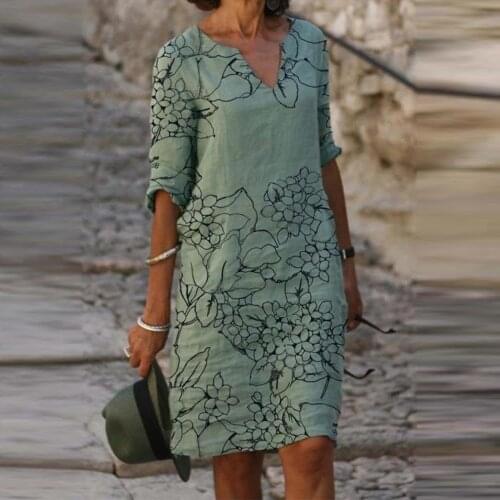 Fashion Women Linen V-neck Dress Summer Casual Cool Plus Size Print Long Sleeve Vest Dress Платье Женское Летнее 2021 #T1G