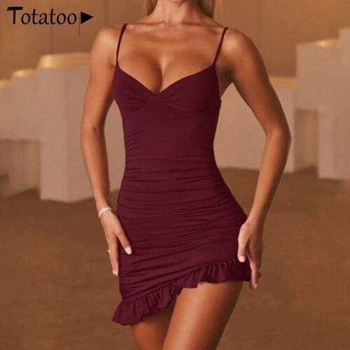 Totatoop Sexy Strap Fitness Ruched Wrap Dress Women 2021 Summer Sleeveless Stretchy Cute Ruffles Bodycon Dress Party Vestidos
