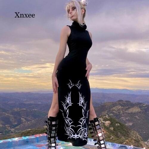 Long Cheongsam Dress Gothic Print for Women Summer Turtleneck Academia Fashion Split Slim Harajuku Sleeveless Black Dresses