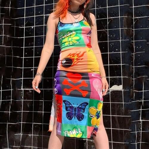 WomenSexy Suspender Mid-length Dress Fashion Multicolor Printing Backless Split Tight Dress