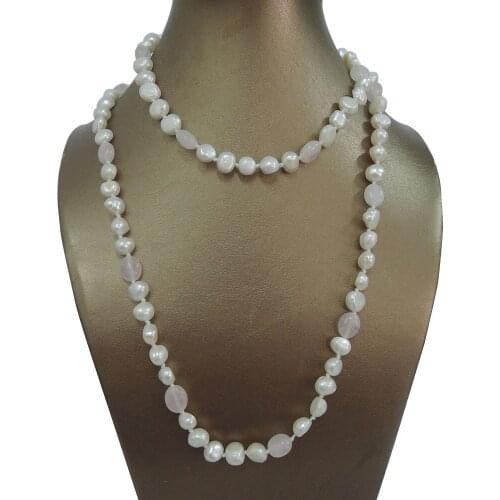 100% NATURE FRESHWATER PEARL NECKLACE and baby pink crystal beads-90 cm necklace
