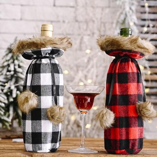 20pcs/lot Christmas Buffalo Plaid Wine Bottle Cover Bag Holder with Faux Fur Cuff Ribbon Drawstring X-mas Decoration