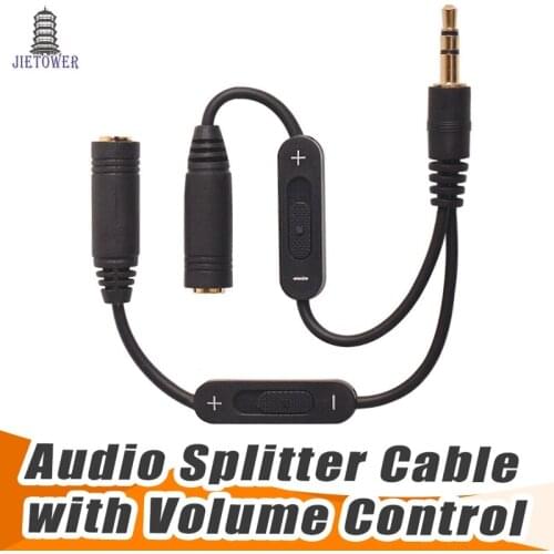 300pcs/lot Newest 3.5mm Male to 2 Female Stereo Audio Y Splitter Adapter Cable With Volume Control for Phone MP3 PC Laptop