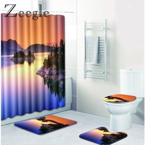 Zeegle 4pcs Toilet Set Waterproof Shower Curtain Flannel Soft Toilet Pedestal Foot Mat Anti Slip Toilet Seat Cover Bath Mat Set