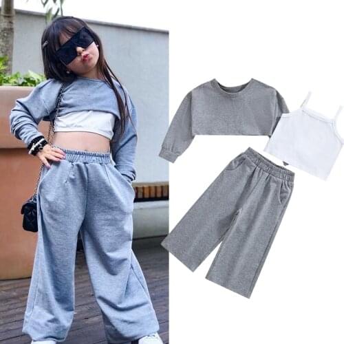 FOCUSNORM 1-6Y Autumn Kids Girls Causal Clothes Sets 3pcs Solid Long Sleeve Sweatshirt Tops+Camisole Vest+Loose Pants