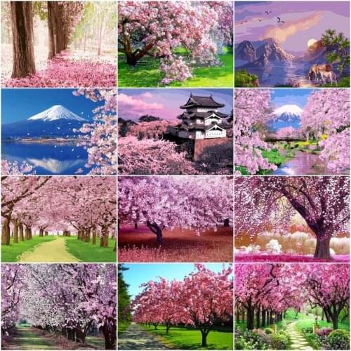 CHENISTORY Painting By Number Sakura Landscape Drawing On Canvas Handpainted Art Gift Diy Pictures By Number Flowers Kits Home D