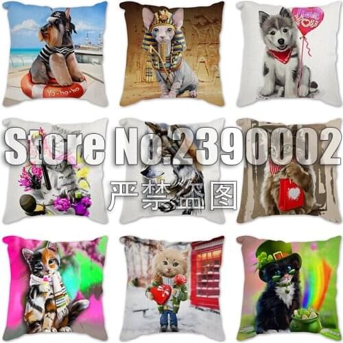 Cats and Dog Print Cushion Set 45*45cm Cushion Cover Linen Throw Pillow Car Home Decoration Decorative Pillowcase Pillows Covers