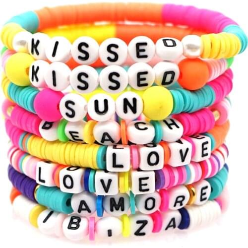 Colorful Sliced Clay Bracelets Handmade Rainbow Polymer Elastic Rope Boho Colorful Beaded Bracelet Beach Surf Stackable Bangle