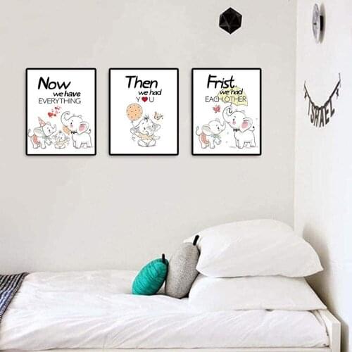 Cute Baby Elephant Family Canvas Painting Cartoon Animal English Love Introduction Poster Living Room Bedroom Decoration Picture