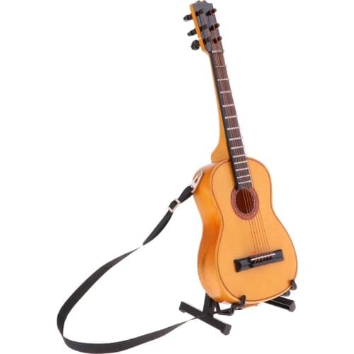 1/6 Scale Mini Musical Instrument Crafts Wooden Guitar Model w/Stand for Dollhouse Desktop Decor