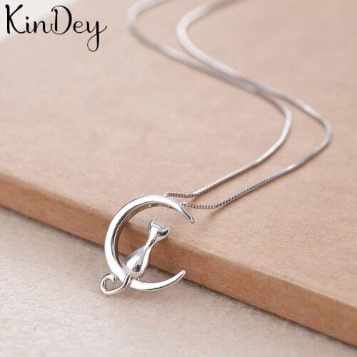 Kindey Fashion Real Silver Color Moon Cat Choker Necklaces for Women Statement Jewelry Girls Christmas Gift