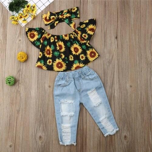 Fashion 1-4Y Toddler Kids Baby Girls Clothes Sets Sunflower Off Shoulder Tops T-shirt Denim Long Pants Jeans Outfits Set