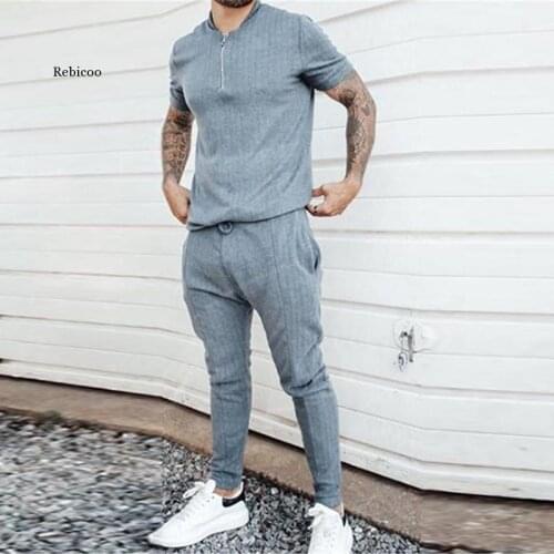 Men Casual Summer Short Sleeve Shirt Tops and Drawstring Pants Suit Fashion Solid Male Clothes Outfits Loose Streetwears
