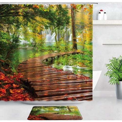 Vintage Bridge Forest Waterfall Shower Curtains Set Bathroom Carpet Autumn Trees Rural Scenery Non-slip Rugs Bath Mats Door Pads
