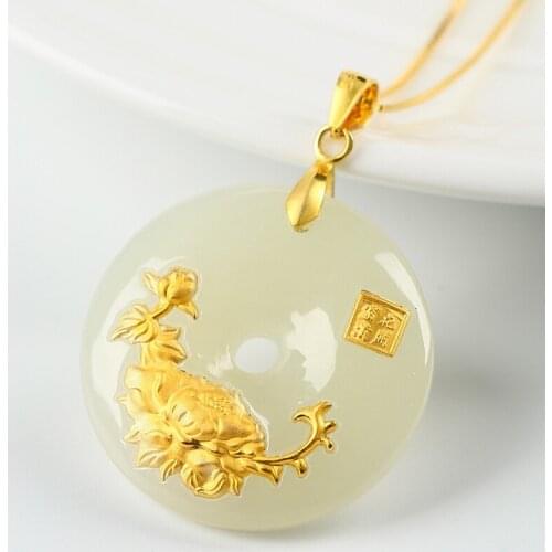 Hetian Jade Safety Button Pendant Jade Ping An Kou Necklace Lovers Lucky Amulet 24K Gold Jewelry Wholesale Chinese Fine Jewelry
