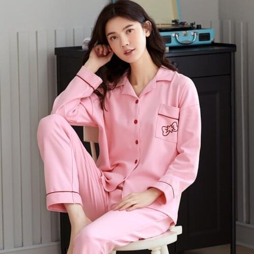 Pajamas for Women Pure Cotton Pajama Set Long-sleeve Trouser Autumn Leisurewear Suit 2-Pcs Embroidery Nightgown Plus Size 2xl