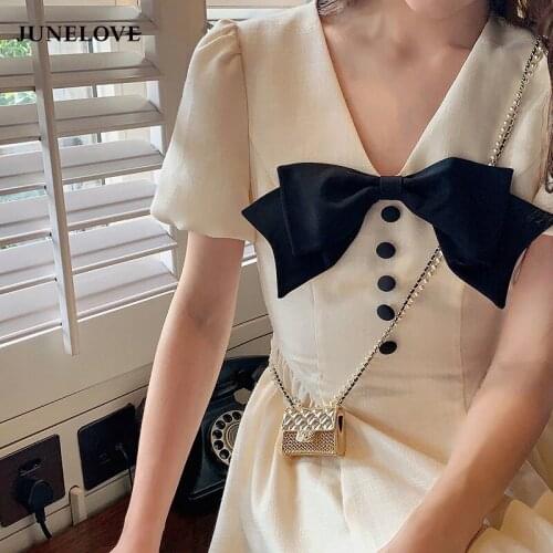 Korean Fashion Solid Elegant Midi Dresses Women Casual Short Sleeve Sweet Vintage Dress Office Ladies Bow Design 2021 Sumemr
