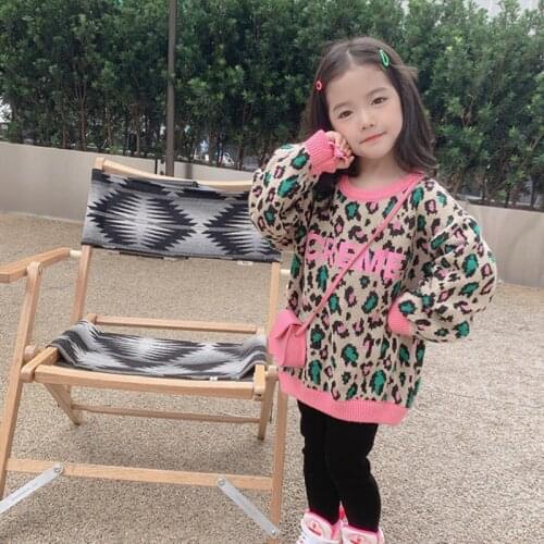 Girls Sweater Babys Coat Outwear 2021 Leopard Thicken Warm Winter Autumn Knitting Scoop Pullover Christmas Gift Childrens Clot