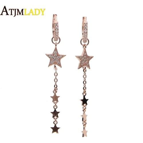 Unique design two way wear star charm christmas gift rose gold color cz Huggie hoop tassel chain link star girl fashion earring