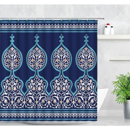 Moroccan Ethnic Style Personality Bathroom Curtain Retro Flower Blue Backdrop Printed Creative Fabric Shower Curtains With Hooks