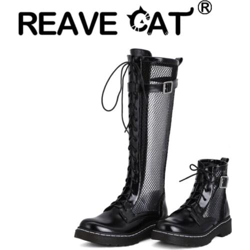 REAVE CAT 2021 Summer Cool Womens Knee High Boots Shoes Mesh Hollow Round Toe Lace Up 3.5CM Square Heels Big Size 34-43 A4151