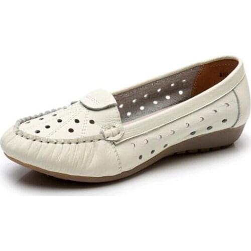 2021 New Spring Summer Hollow Casual Shoes Light Soft Bottom Flat Shoes Comfortable Breathable Genuine Leather Shoes Women Shoes