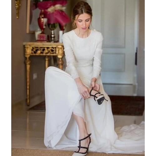 Elegant O-Neck Long Sleeve Satin Muslin Wedding Dress Lace See Through A-Line Wedding Dress Bride Gown Vestidos De Novia