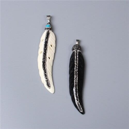 1 pc 20*92 mm Black & White Feather Pendant CZ Fashion Carved Design Long Charm For DIY Making Jewelry Necklace Women Collier