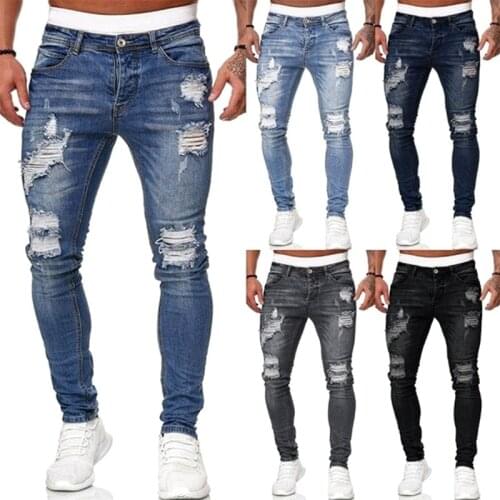 2021 Spring Mens Denim Trousers with Holes and White Slimming Fashion Distressed Trousers Skinny Jeans Men Streetwear Men