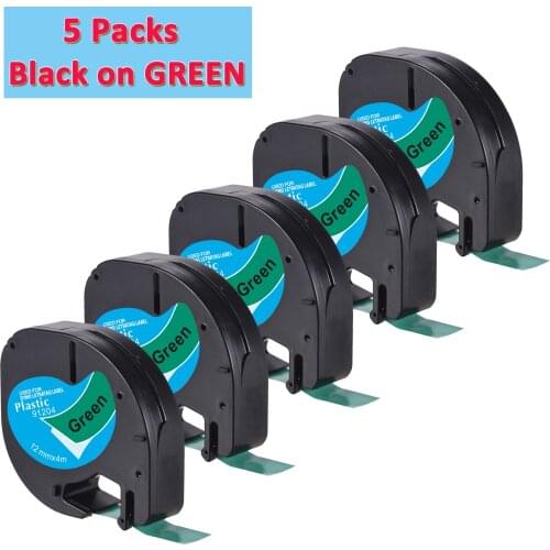 5 PACK Label World LT91204 Label ribbon Compatible for Dymo LT 12mm*4m Black on green Plastic Label Tapes LT-100H