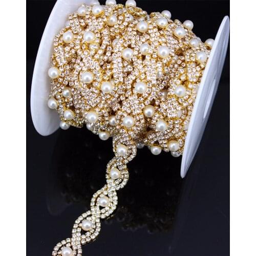 5Yard/Roll Gold Wholesale Shinning Pearl Rhinestone Trim Chain Fancy Rhinestone Bridal Wedding Belt Garment Costume Jewelry Prom