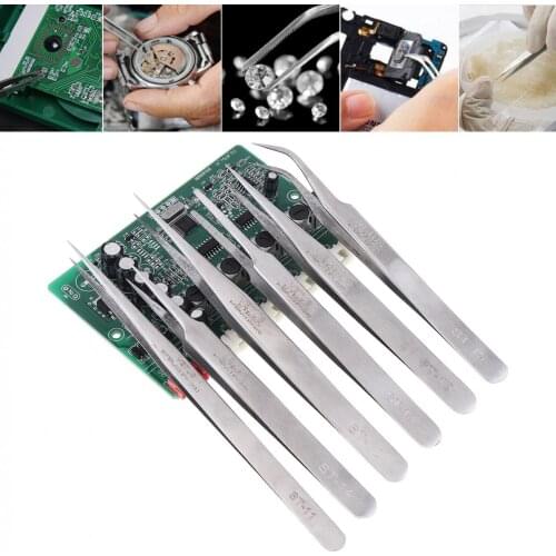6pcs/set Stainless Steel Tweezers Anti-static Fix Repair Tool Kit for Electronics Jewelry and Fine Crafts