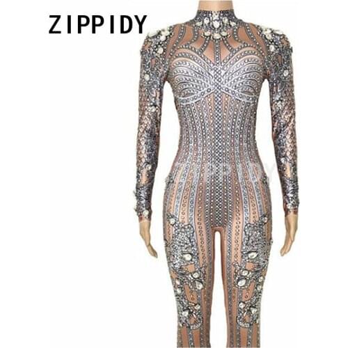 Glisten Rhinestones Grey Stripe Pattern Stretch Jumpsuit Nightclub Female Singer Bodysuit Womens Birthday Party Oufit Sexy Wear