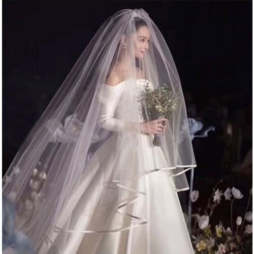 Long Ribbon Wedding Veil White Ivory Bridal Veil with Comb 2 Layers Bride Headpiece Wedding Accessories