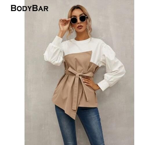 Elegant Lantern Long-sleeved Blouse Spring Bow Tie Belt Stitching Shirt Spring/Summer Round Neck Blouses Femme New Loose Blusas