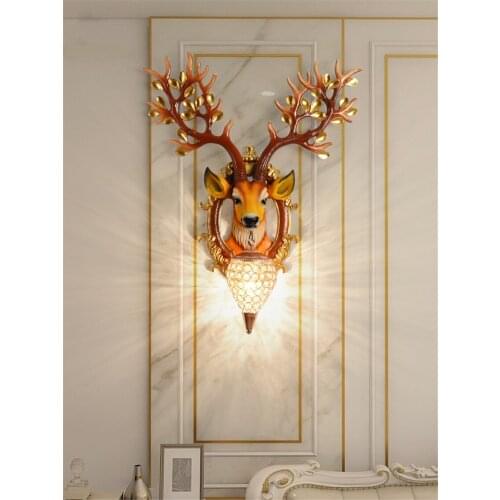 European resin golden deer head wall lamps living room antlers Hotel aisle study light bedroom art deco sconces lights fixtures