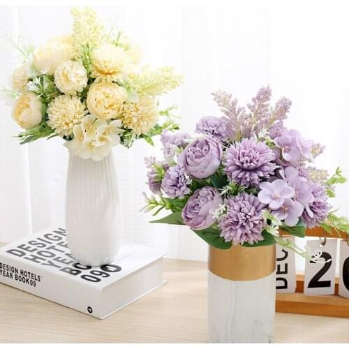 31cm Hydrangea Flowers Artificial Bouquet Silk Blooming Fake Peony Bridal Hand Flower Roses Wedding Decor